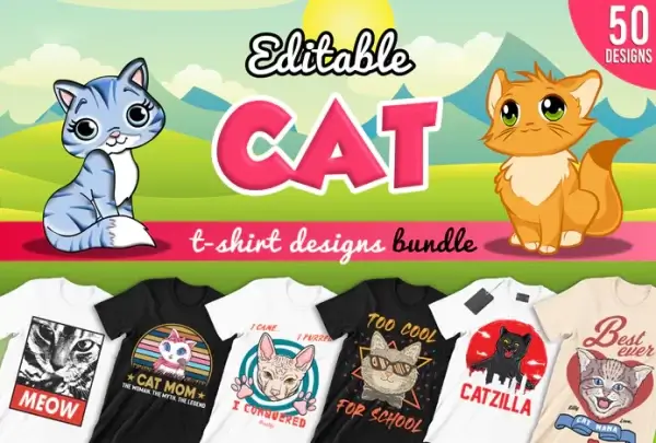 50 Editable Cat T-Shirt Designs Bundle