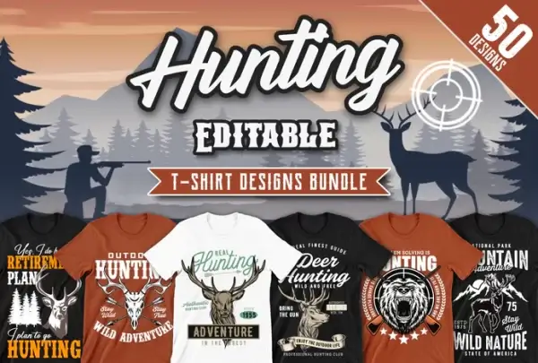 50 Editable Hunting T-Shirt Designs Bundle