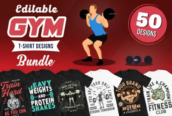 50 Editable Gym T-Shirt Designs Bundle
