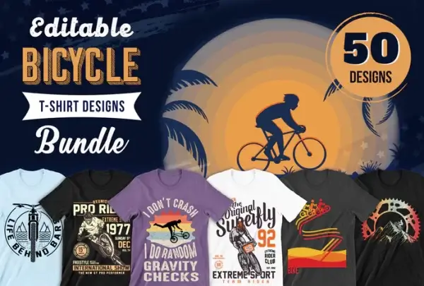 50 Editable Bicycle T-Shirt Designs Bundle