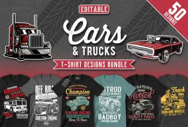 50 Editable Cars & Trucks T-Shirt Designs Bundle