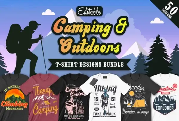 50 Editable Camping & Outdoors T-Shirt Designs