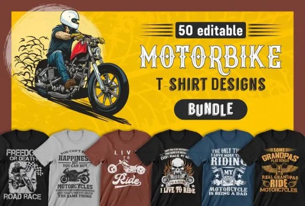 50 Editable Motorbike T-Shirt Designs Bundle