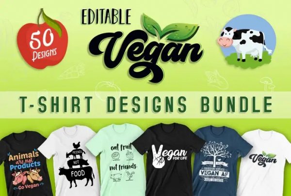 50 Editable Vegan T-Shirt Designs Bundle
