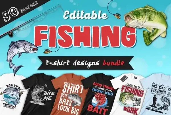 50 Editable Fishing T-Shirt Designs Bundle